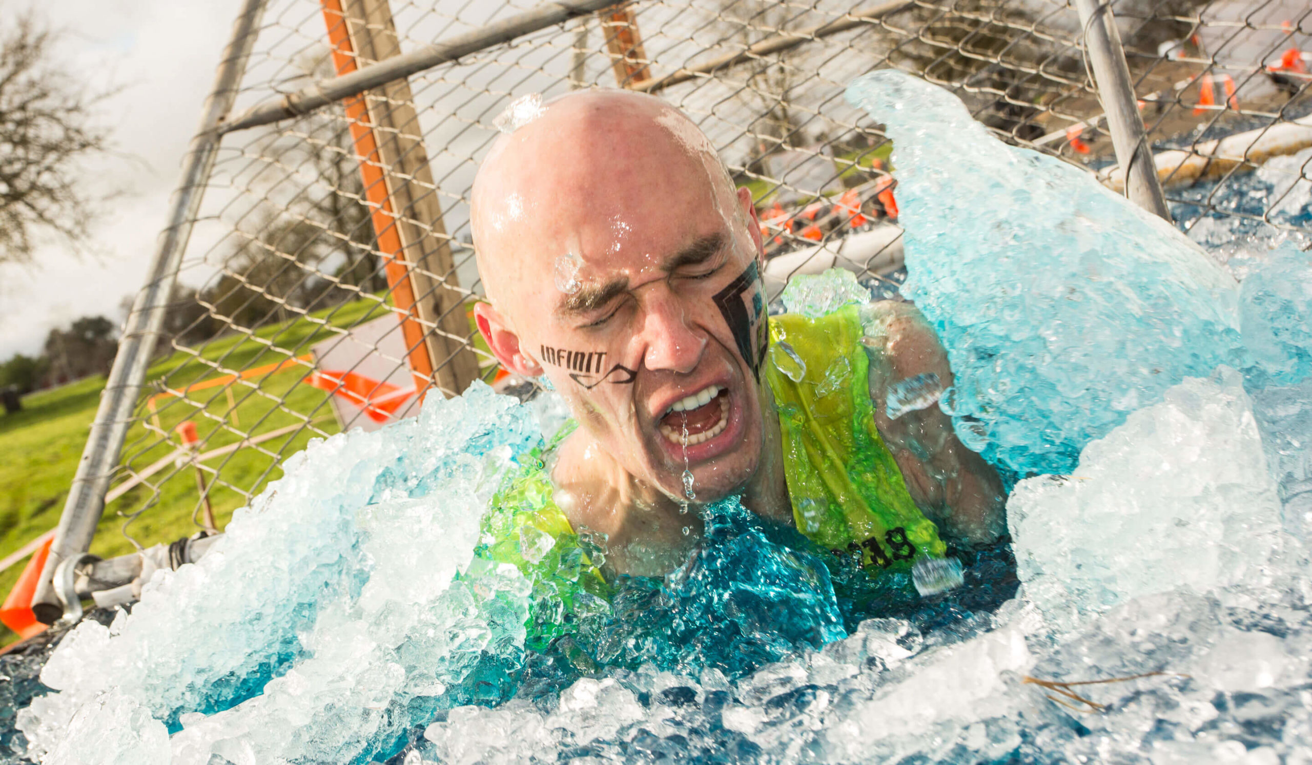 Participant closed eyes while in the middle of ice blocks in Arctic Enema